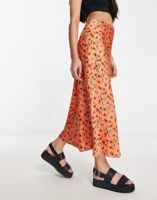 Wednesday's Girl satin slip skirt in spring orange floral