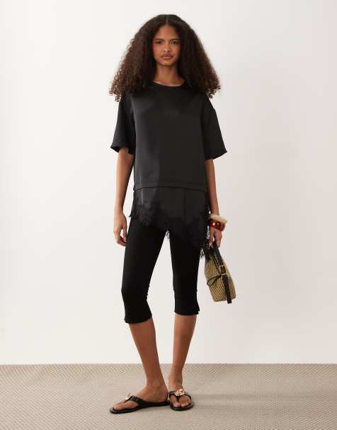 Wednesday's Girl satin T-shirt with asymmetric lace hem in black - view 1