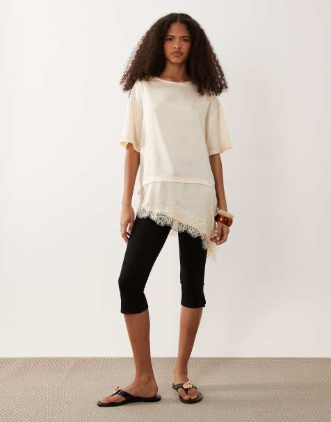Wednesday's Girl satin t-shirt with asymmetric lace hem in cream - view 1