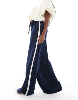 Wednesday's Girl Satin Wide Leg Side Stripe Pants In Blue
