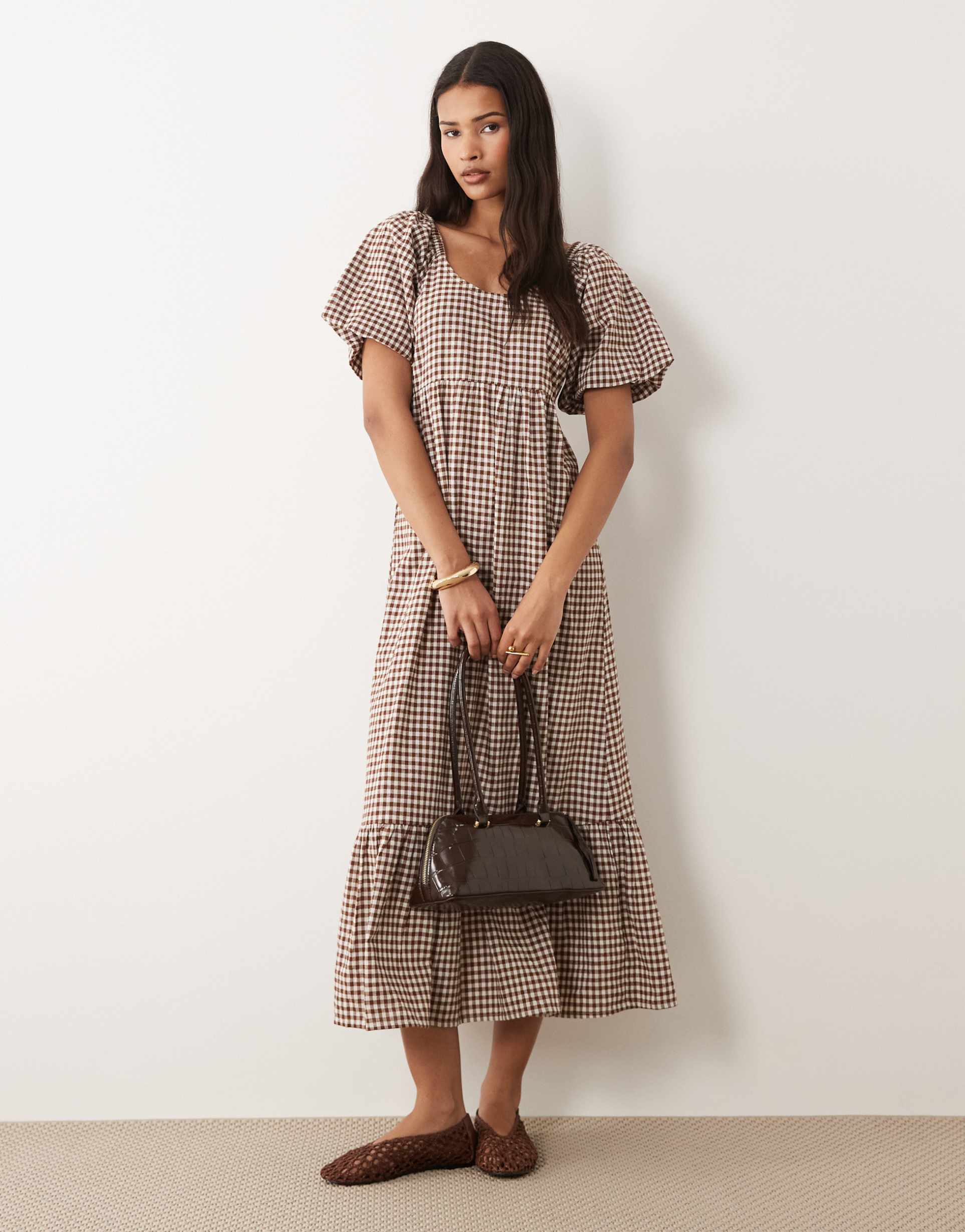 wednesday's girl scoop neck midaxi dress in brown gingham