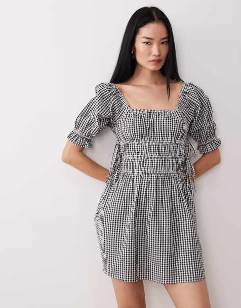 Wednesday's Girl seersucker milkmaid mini dress in black gingham  - view 1