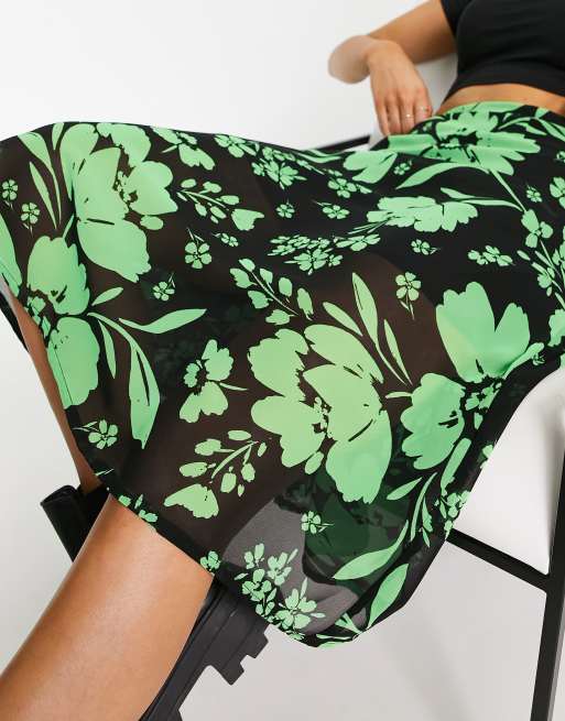 Wednesday's Girl sheer overlay midi skirt in green and black bloom