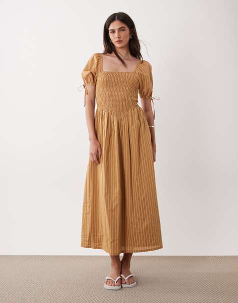 Wednesdays Girl shirred balloon sleeves midaxi dress in chartreuse stripe - view 1