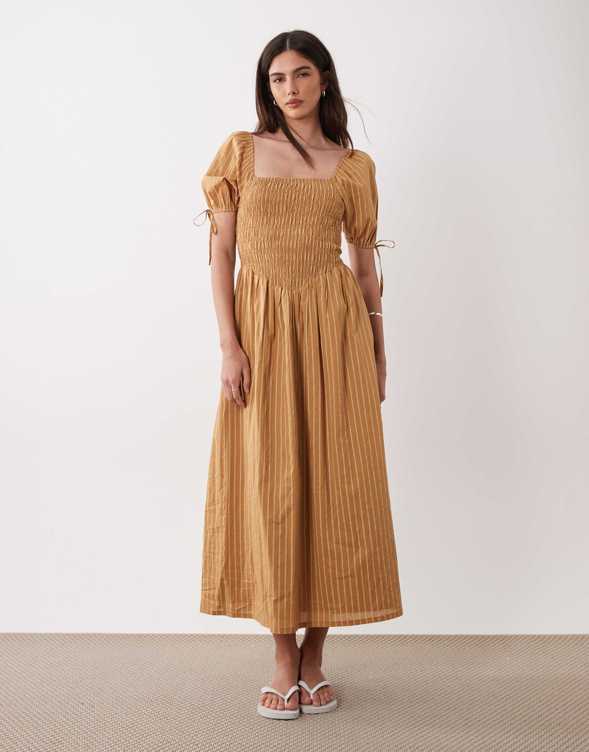 wednesday's girl shirred balloon sleeves midaxi dress in mustard stripes