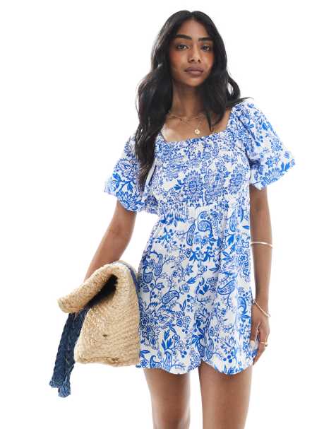 Wednesday's Girl shirred bust detail puff sleeve playsuit in blue and white - view 1