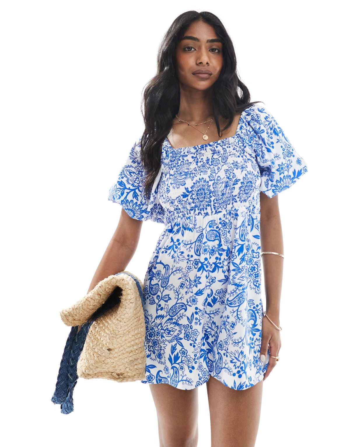 Wednesday's Girl shirred bust detail puff sleeve playsuit in blue and white