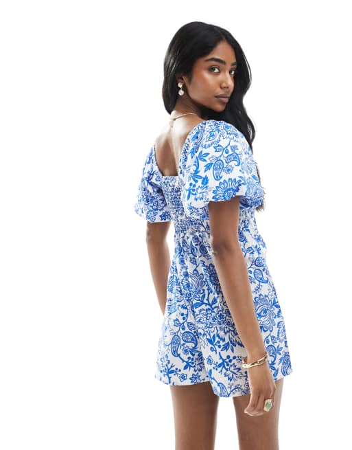 blue and white romper dress Blue Floral Ruffle Romper | Preppy Mini Dress