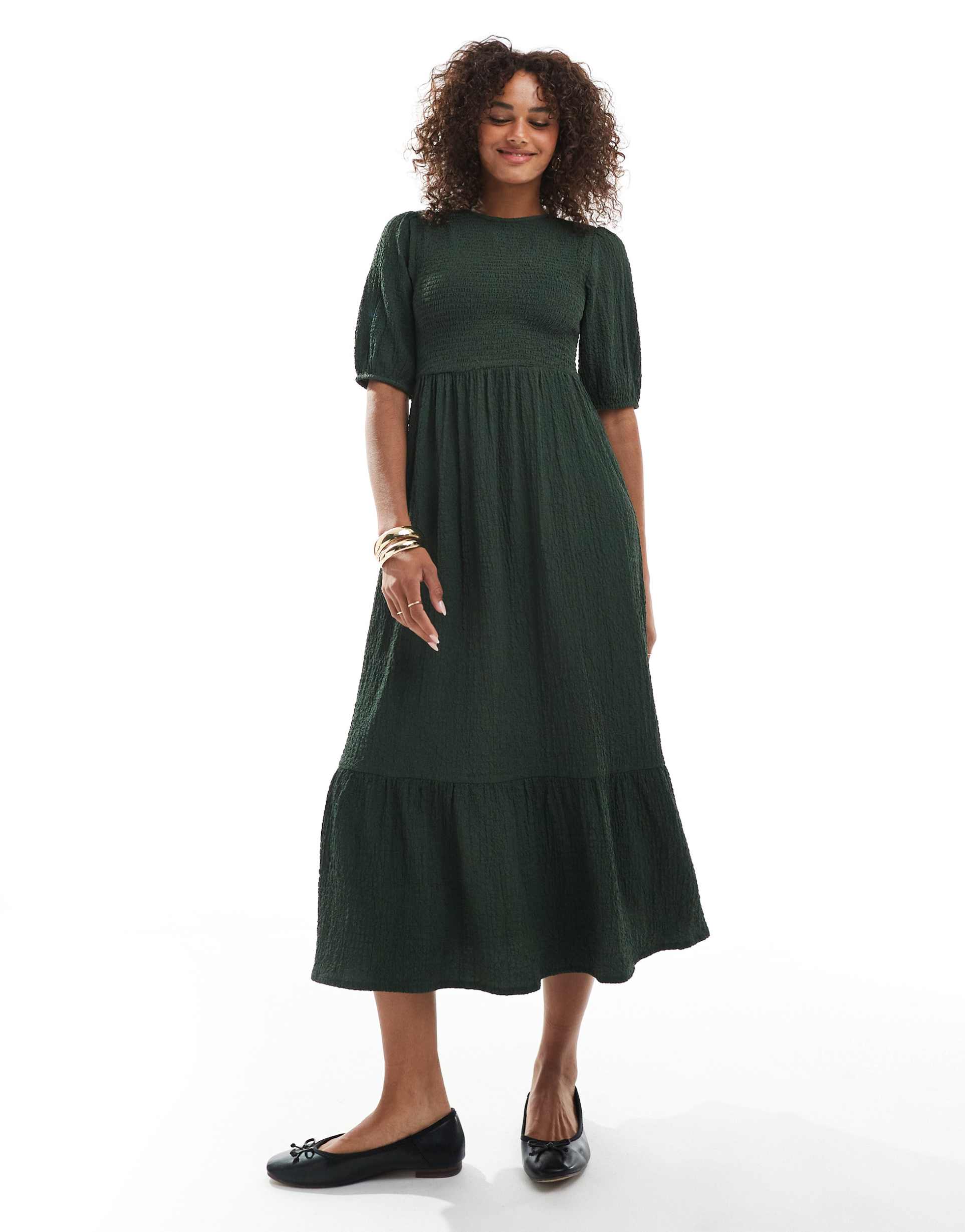 wednesday's girl shirred bust midaxi dress in dark green