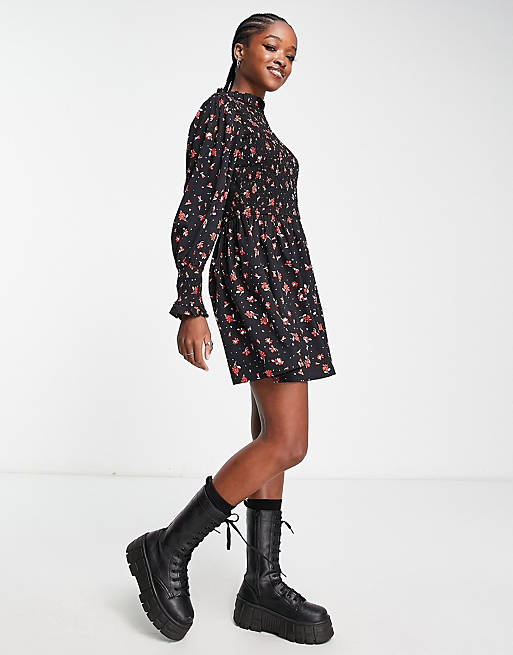 Wednesday's Girl shirred detail ditsy print mini dress in black and red
