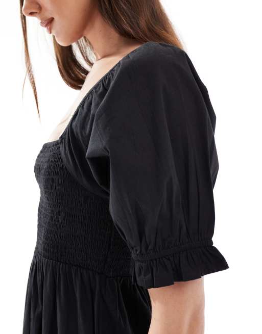 Wednesday's Girl shirred detail midaxi smock dress in black