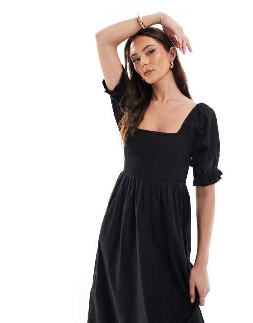 Wednesday's Girl shirred detail midaxi smock dress in black