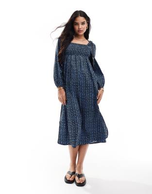 Wednesday's Girl Wednesday's Girl shirred dot print midaxi dress in blue