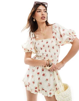 Wednesday's Girl shirred floral ruffle playsuit in pink Sale