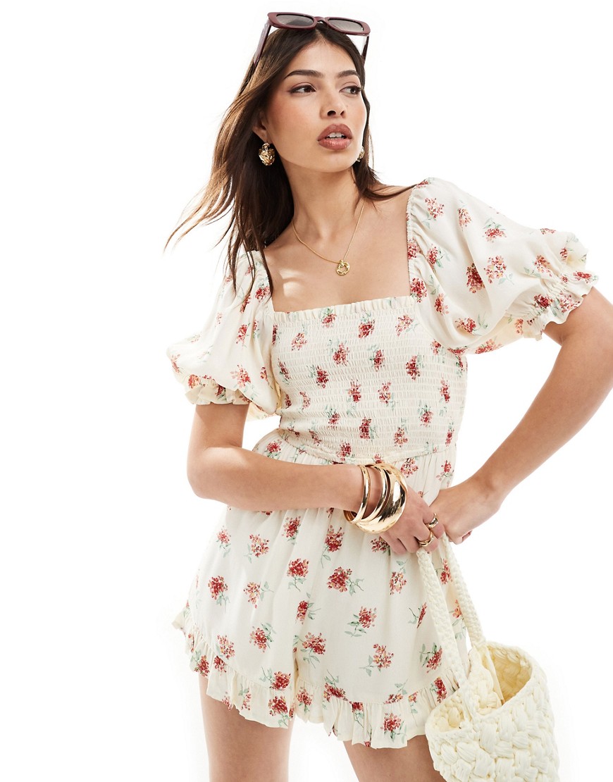 Wednesday's Girl shirred floral ruffle playsuit in pink floral-Multi