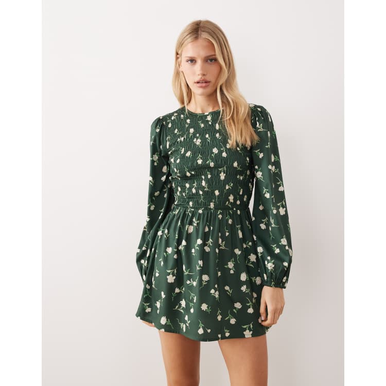 Wednesday's Girl shirred long sleeve floral print mini dress in green | ASOS