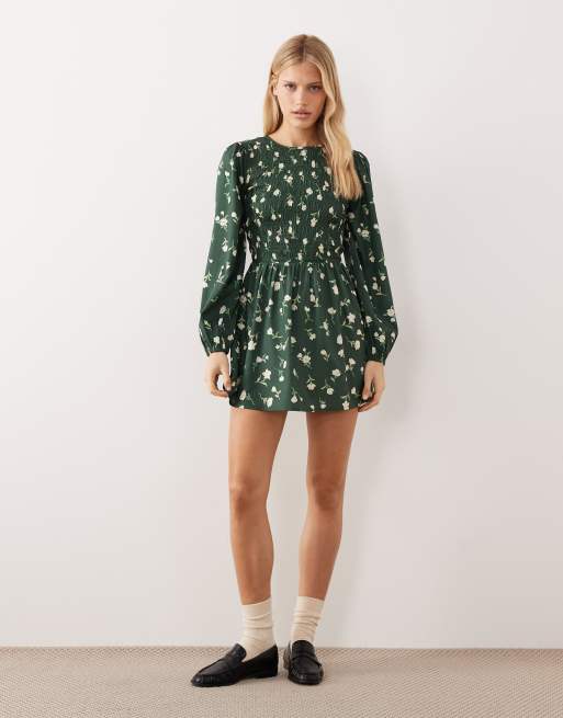 Wednesday's Girl shirred long sleeve floral print mini dress in green