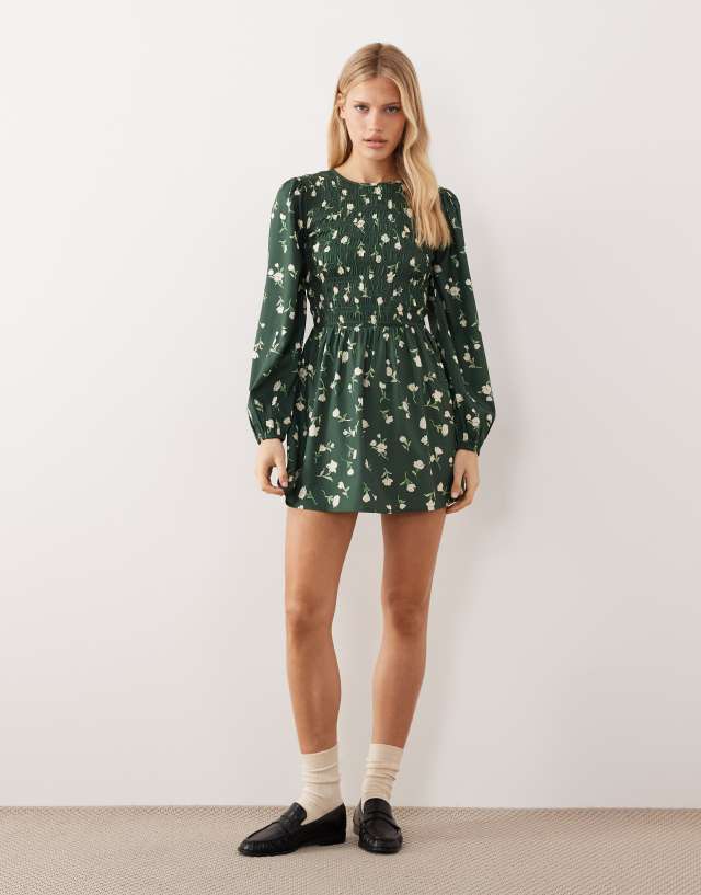 Wednesday's Girl shirred long sleeve floral print mini dress in green
