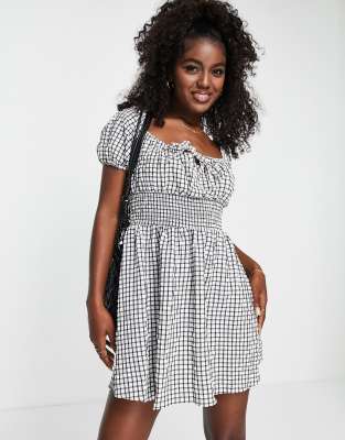 Wednesday's Girl shirred mini milkmaid tea dress in gingham-Multi