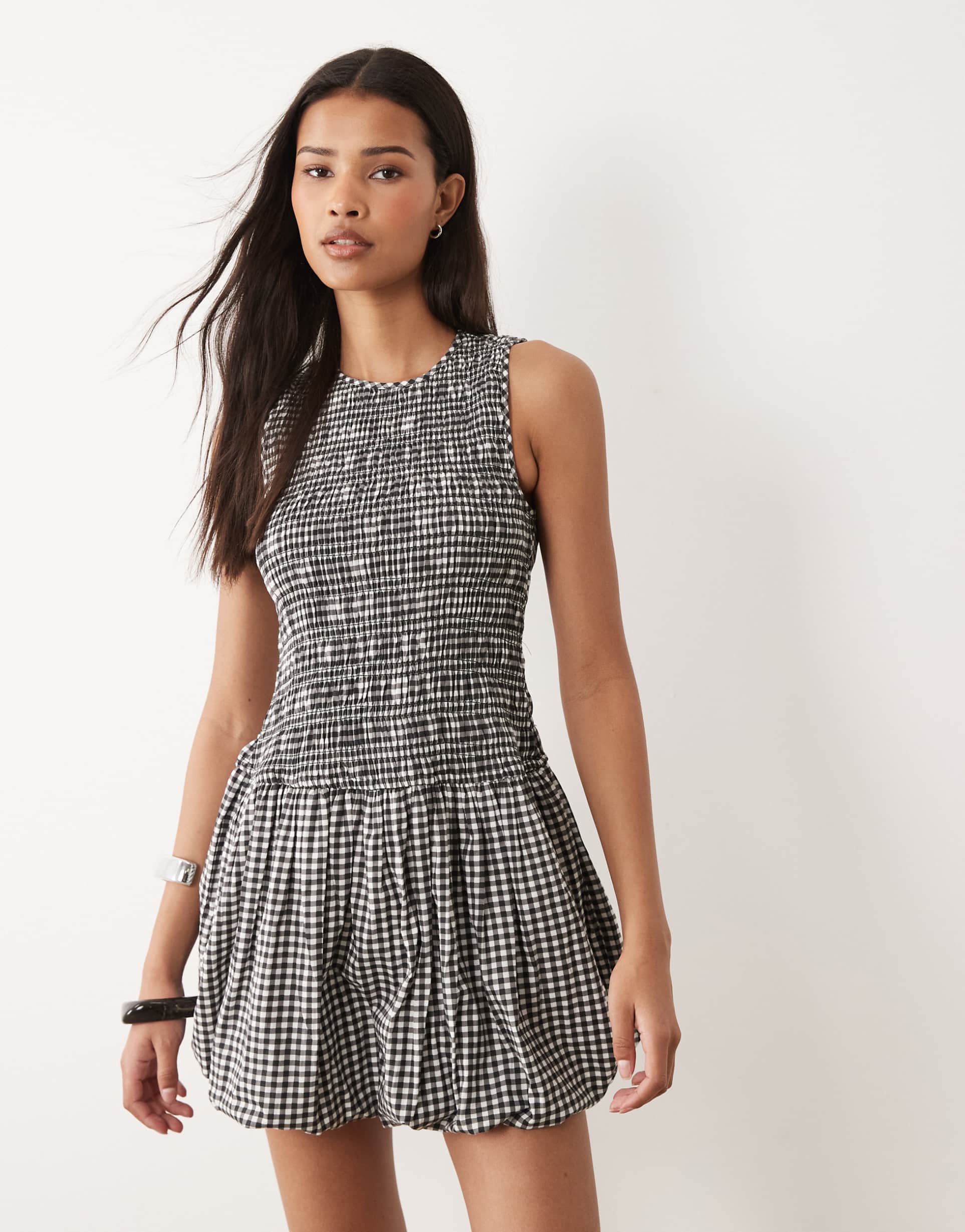 wednesday's girl shirred puff ball mini dress in black & white gingham