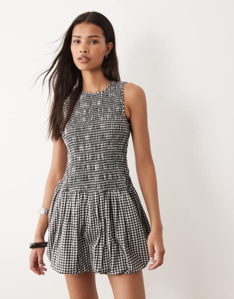 Wednesday's Girl shirred puff ball mini dress in black & white gingham