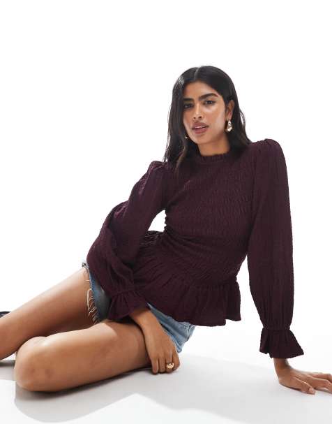Wednesday's Girl shirred puff sleeve blouse in deep purple - view 1