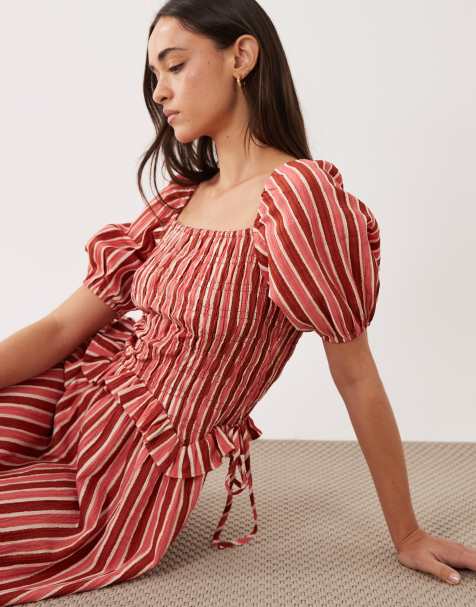 Wednesday's Girl shirred puff sleeve midaxi dress in pink stripes - view 1