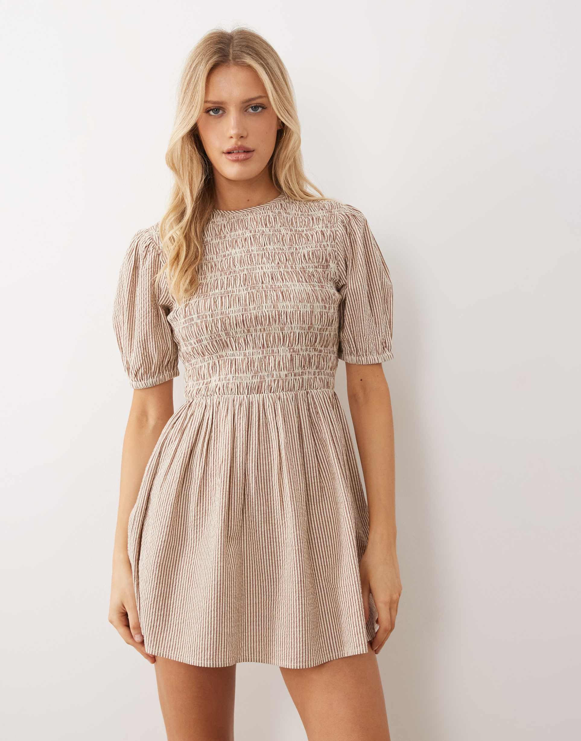 wednesday's girl shirred short sleeve mini dress in brown pinstripe