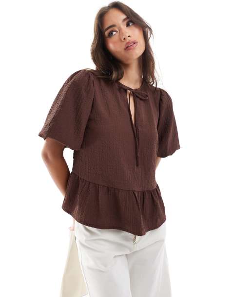 Wednesday's Girl shirred tie-detail blouse in brown - view 1