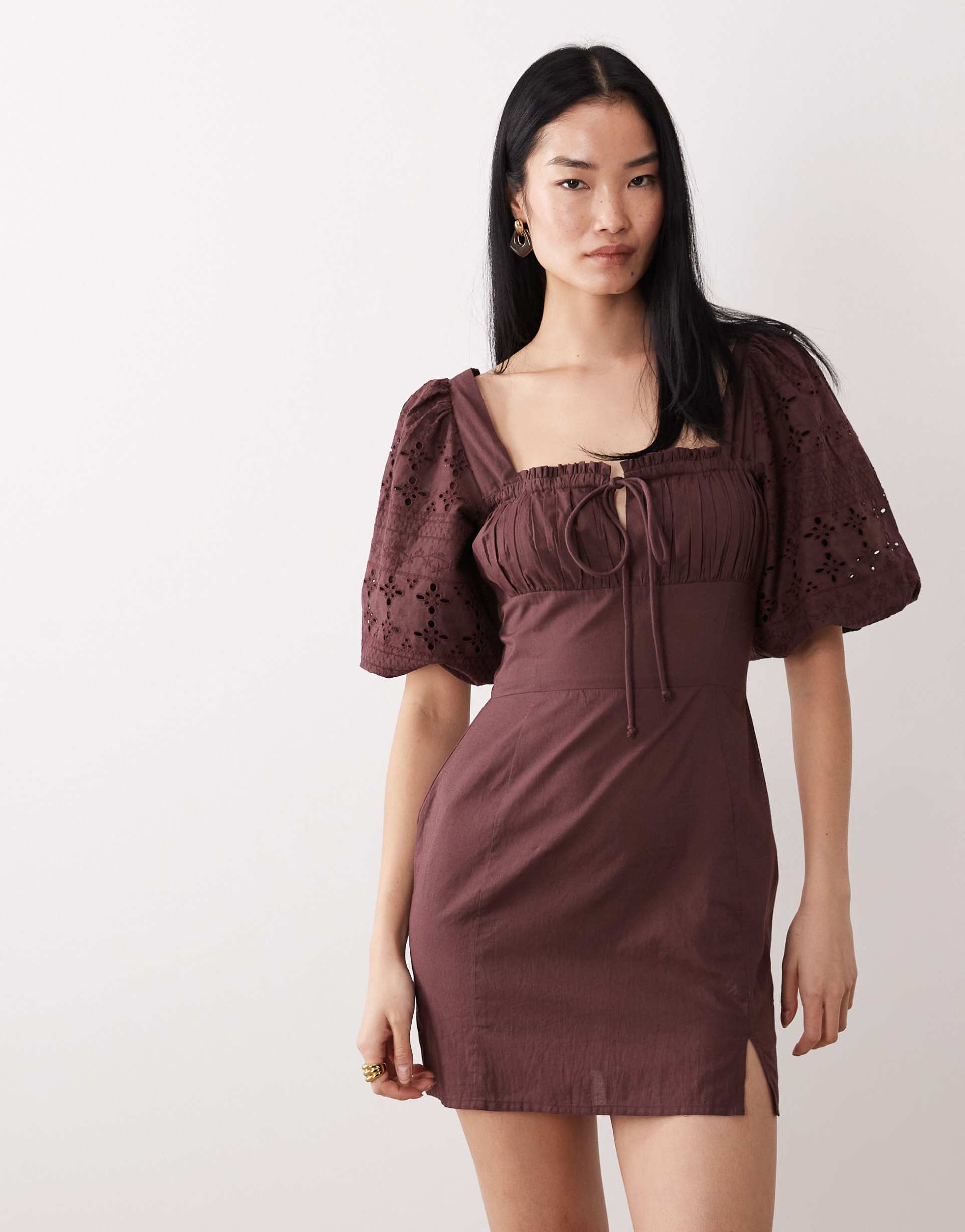 wednesday's girl short eyelet sleeves mini dress in brown