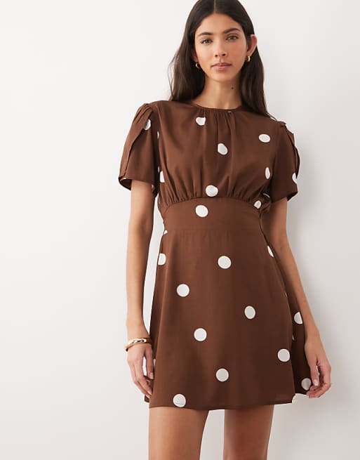 Wednesday's Girl short sleeve brown polka dot mini dress