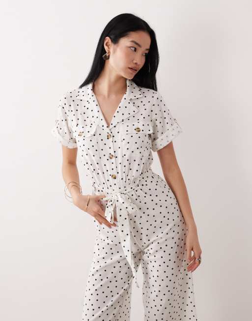 Wednesday's Girl short sleeve collared jumpsuit in white polka dot, 2 of 4