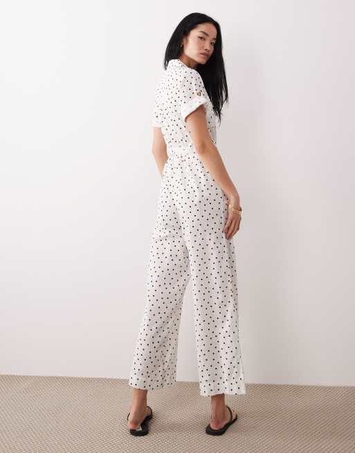 Wednesday's Girl short sleeve collared jumpsuit in white polka dot, 4 of 4