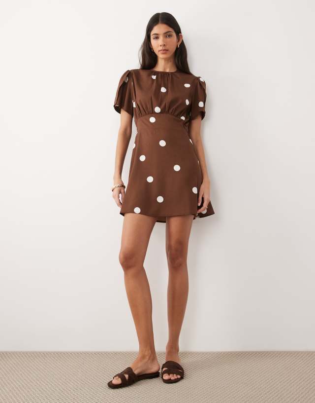 Wednesday's Girl short sleeve mini dress in brown polka dots