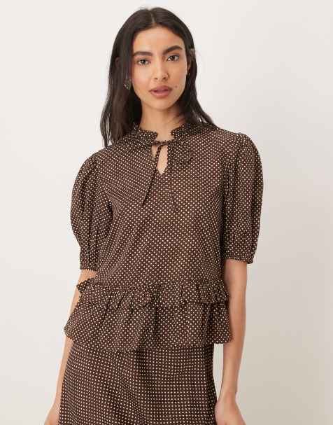 Wednesday's Girl short sleeve ruffle collared polka dot top  - view 1
