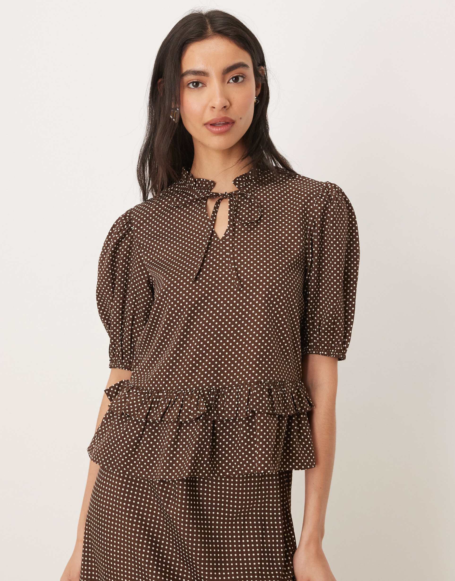 wednesday's girl short sleeve ruffle collared top in polka dots