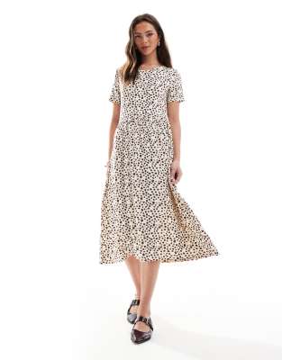 short sleeve smudge polka dot midi dress in cream and black-White