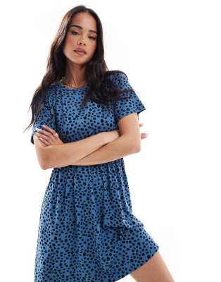 short sleeve smudge polka dot mini dress in blue