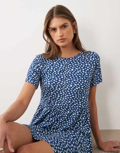 Wednesday's Girl short sleeve smudge spot mini dress in blue beige - view 1
