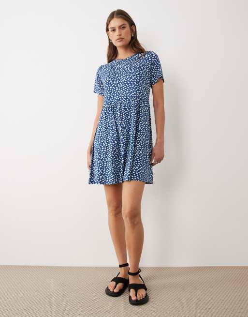 Wednesday's Girl short sleeve smudge spot mini dress in blue beige | ASOS