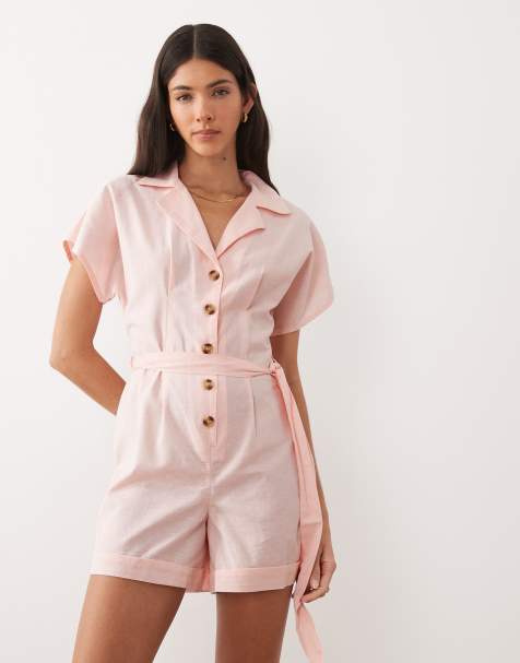 Wednesdays Girl short sleeve tie waist playsuit in light pink - view 1