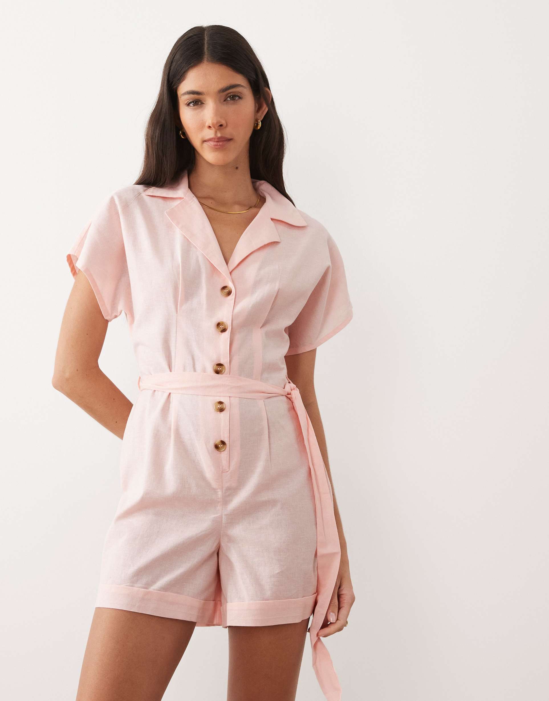 wednesday's girl short sleeve tie waist romper in light pink