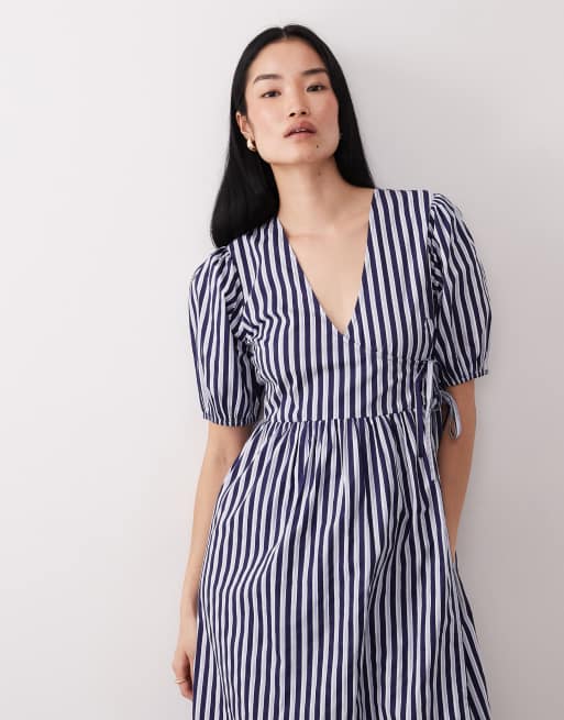 Wednesday's Girl short sleeve wrap detail midaxi dress in blue stripes |  ASOS