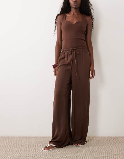 Wednesday's Girl side stripe satin wide leg trouser in chocolate - view 1