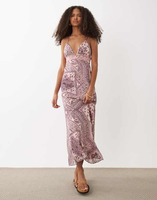 pink paisley print dress pink paisley mix printed cotton mini maxi dress - ruffle Henley neckline with tassel summer mini maxi dress
