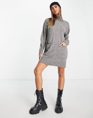 Wednesday's Girl slouchy jumper dress with high neck in grey knit