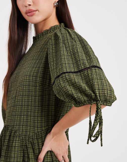 Wednesday's Girl - Smock-minikjole med grønt tern, 3 af 4