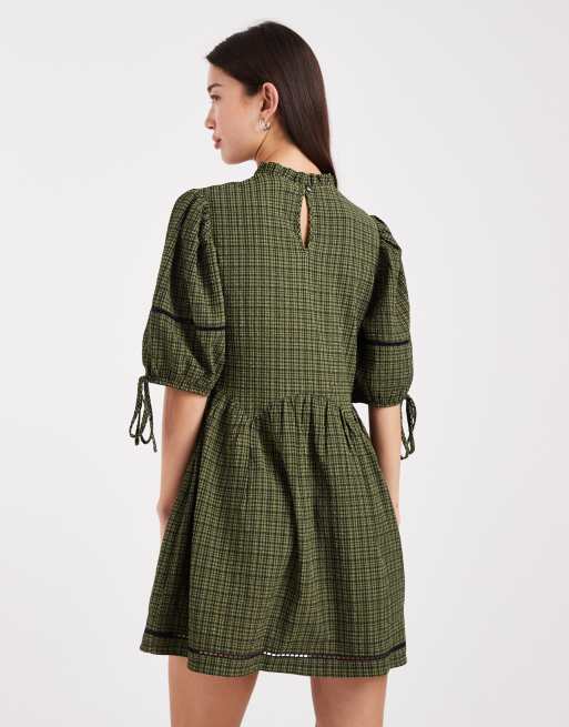 Wednesday's Girl - Smock-minikjole med grønt tern, 4 af 4