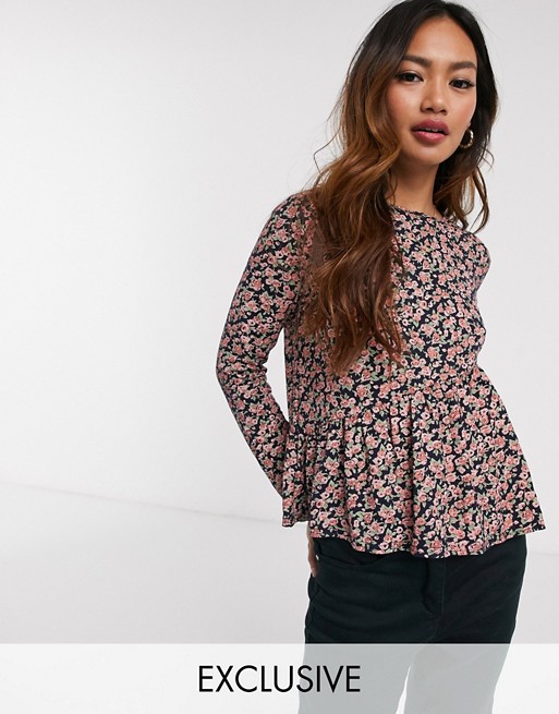 Wednesday's Girl smock top with peplum hem in ditsy floral print