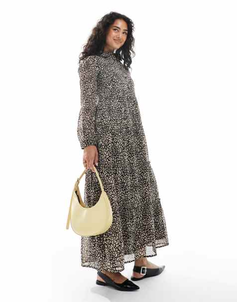 Wednesday's Girl smudge leopard tiered midaxi dress in brown - view 1